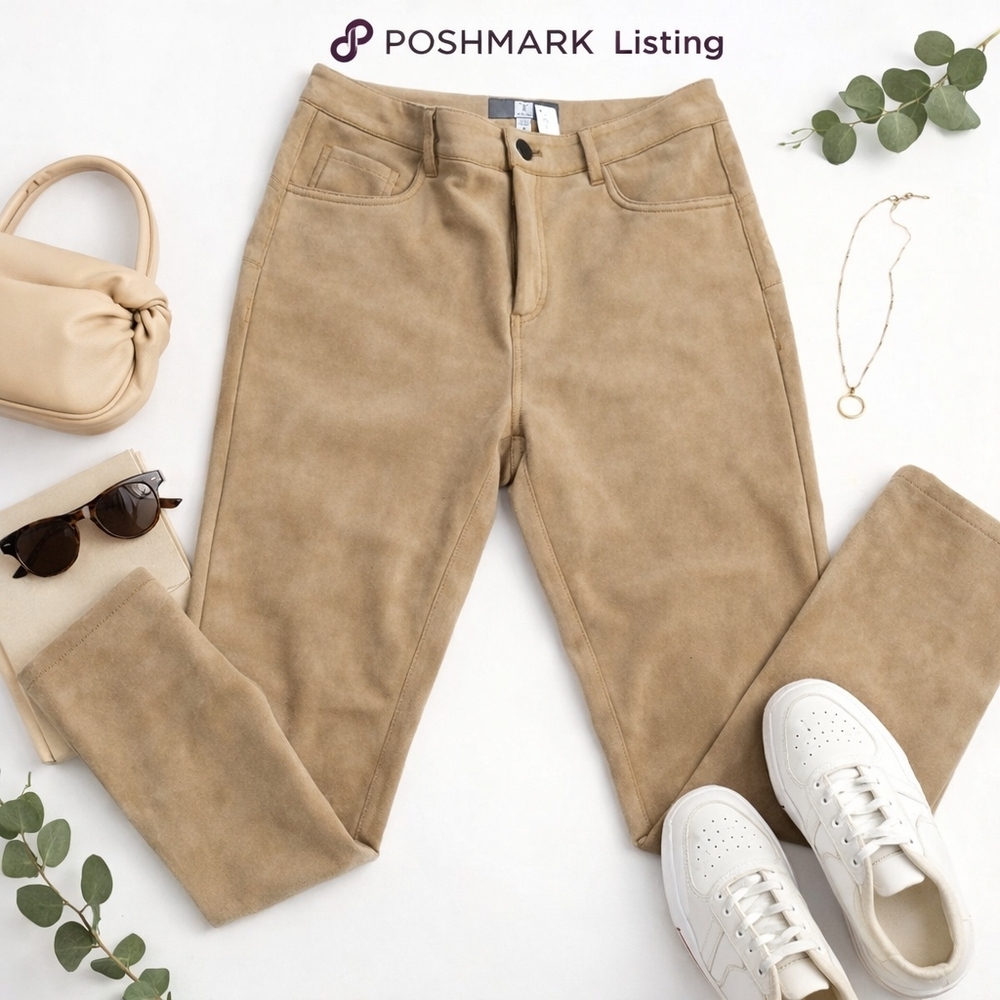 Tristan Camel Faux Suede Pants — Size 10 — Soft Stretch Slim Fit — Neutral Chic